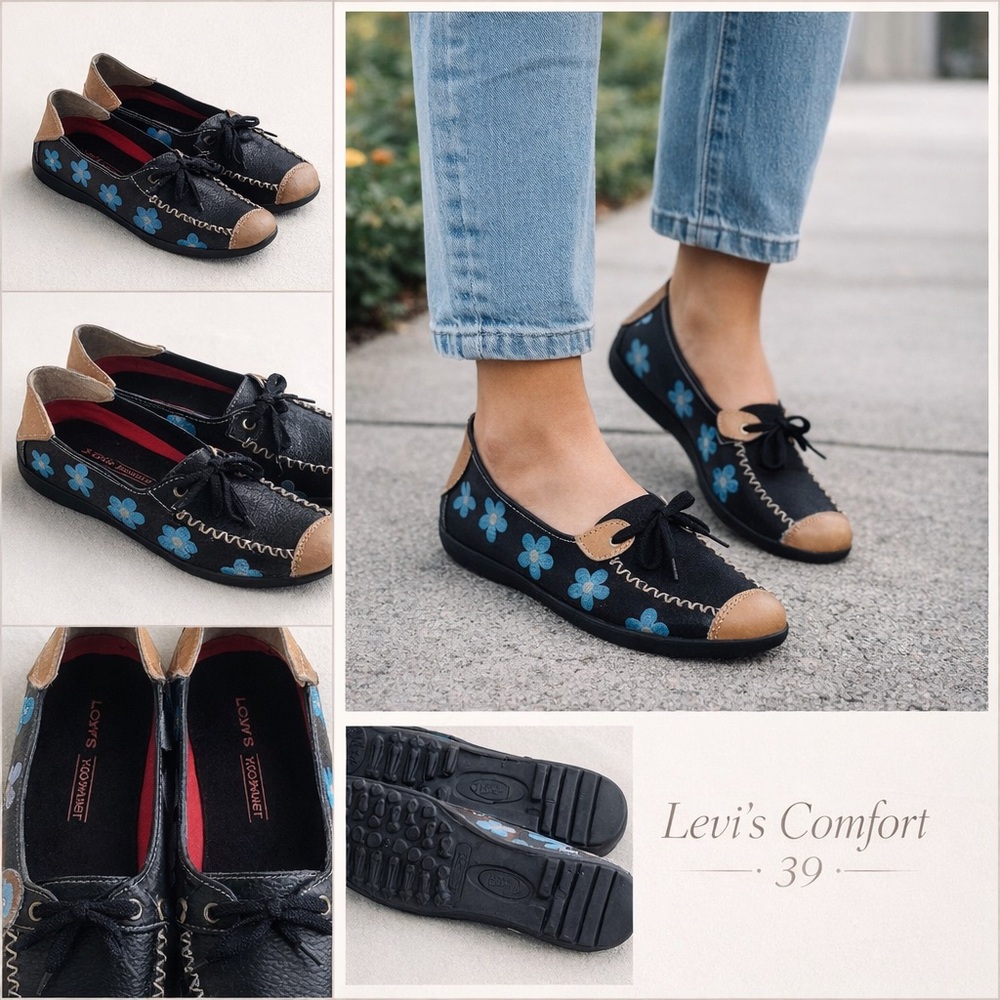 Levi’s Comfort Fit Floral Loafers Black Blue Slip On Shoes EU 39 Casual Cute - Picture 2 of 11